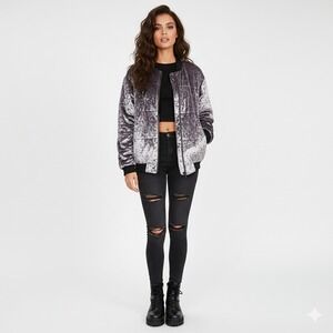 ASOS Bomber Jacket Womens 8 Purple Metallic Crushed Velvet Puffer Quilted Modern